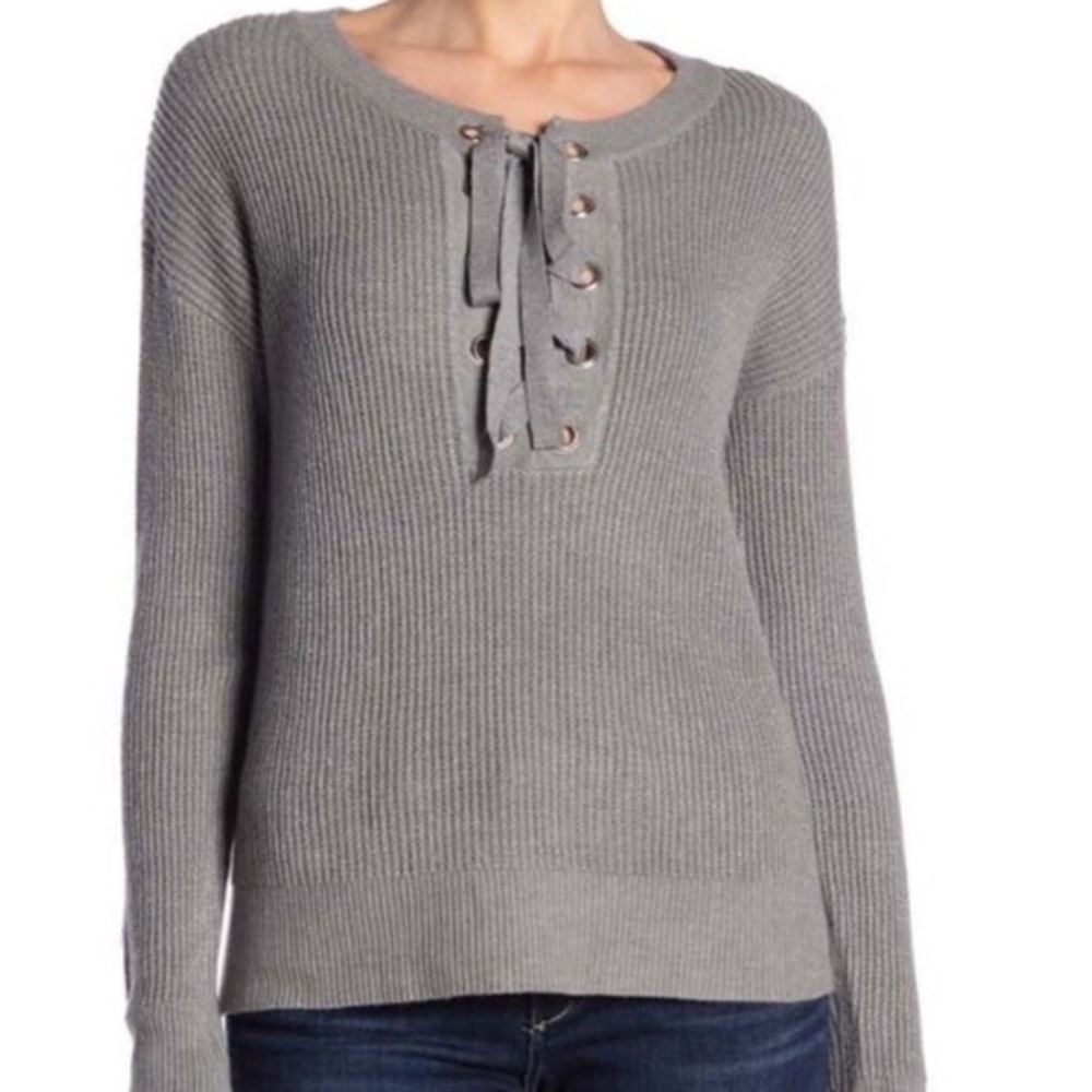 J.O.A. grey ribbed chunky knit lace tie up sweater
